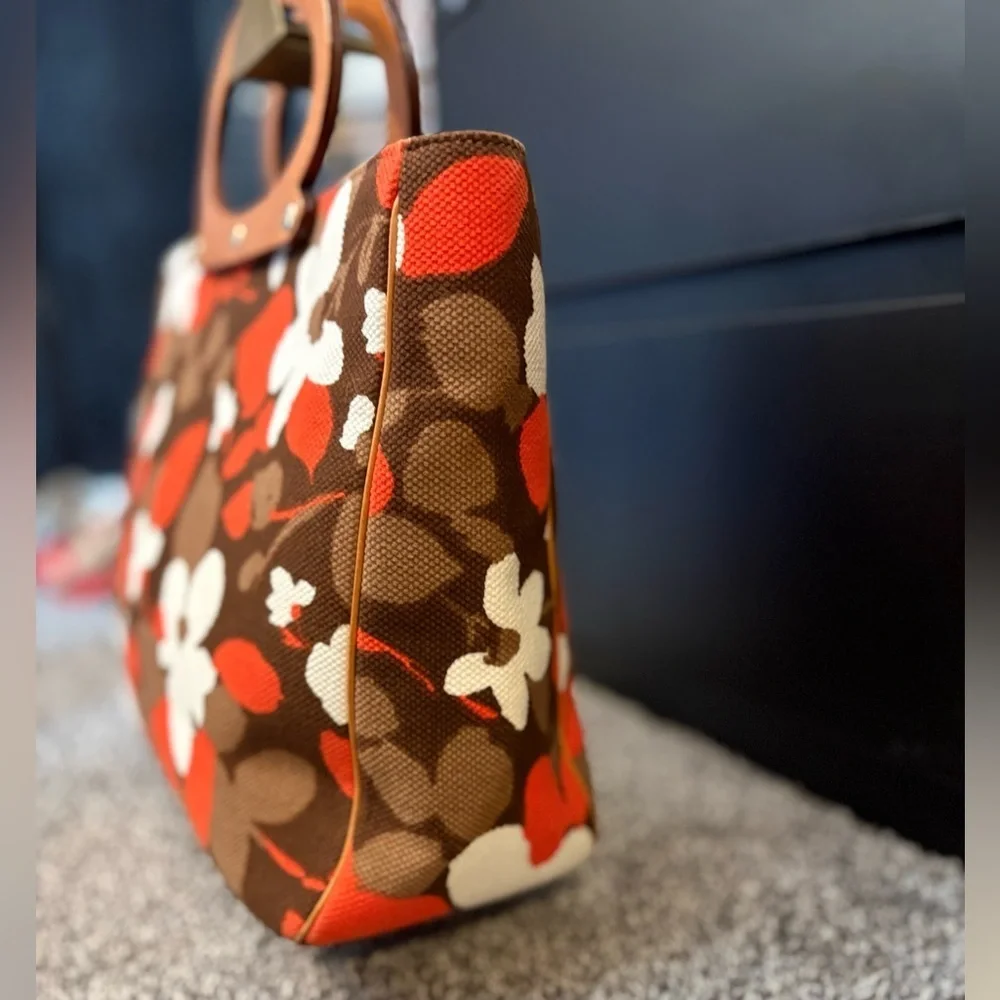 kate spade vintage Brown Orange Cream Floral Canvas Tote with Leather handles!
